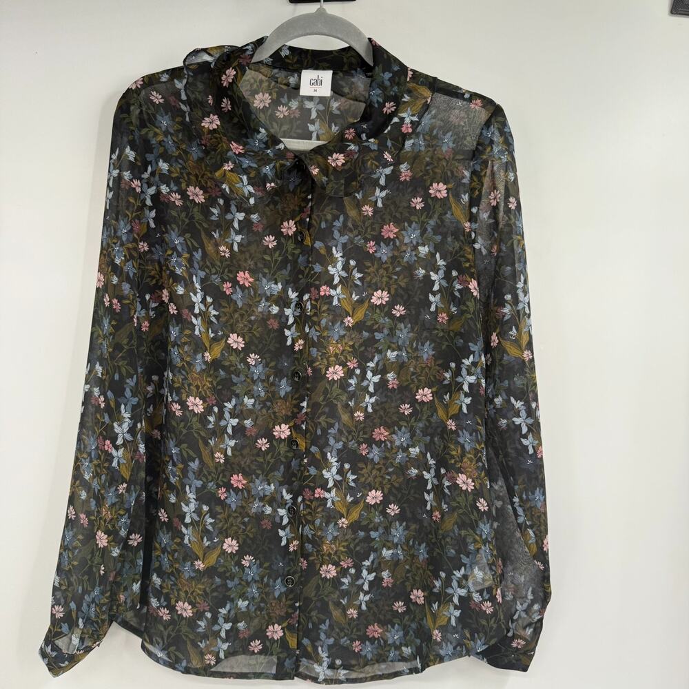 Cabi Floret Sheer Chiffon Blouse Womens M Black Hillside Floral Ruffle Button Up